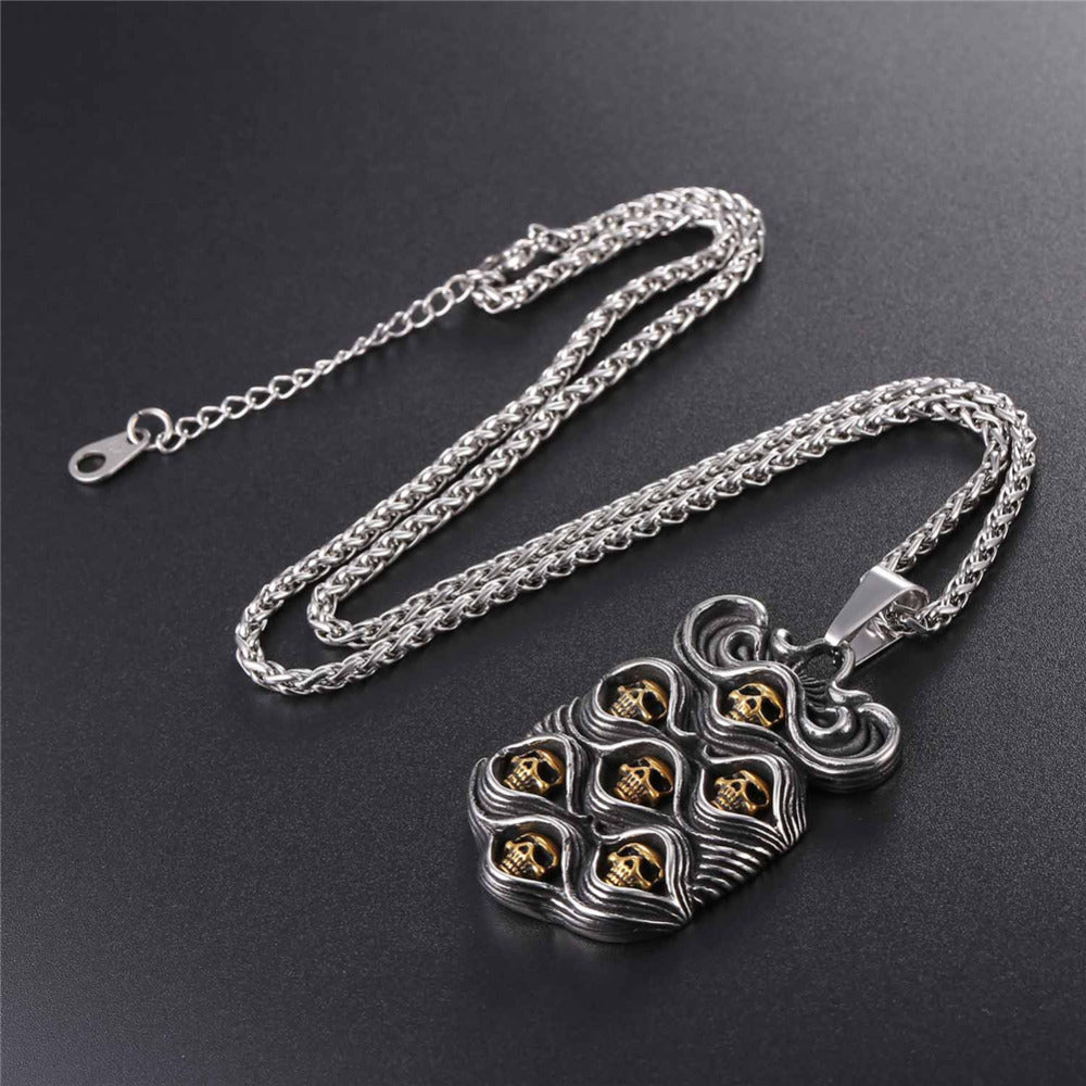 Stainless Steel Cool Punk Seven Skulls Two-color Tag Pendant Necklace
