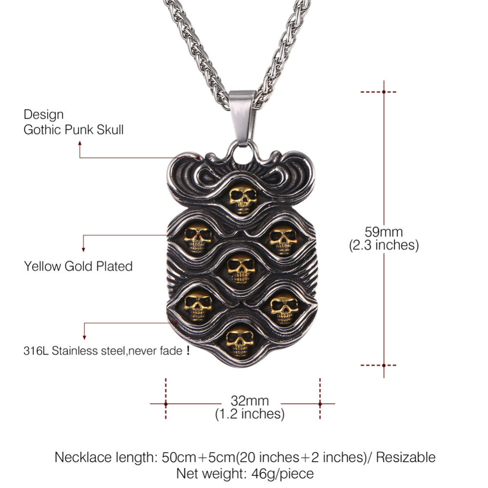Stainless Steel Cool Punk Seven Skulls Two-color Tag Pendant Necklace