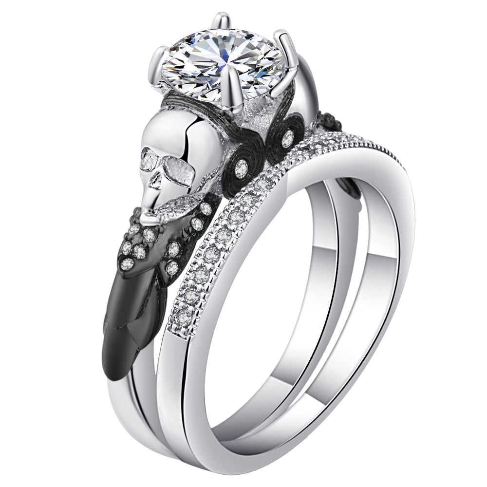 Skull Ring Sets with Rhodium Plated Big Clear CZ Crystal