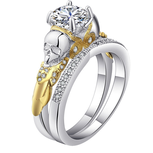 Skull Ring Sets with Rhodium Plated Big Clear CZ Crystal