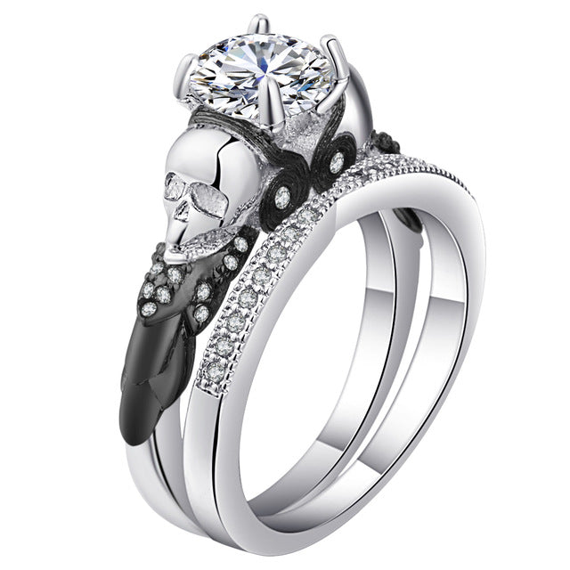 Skull Ring Sets with Rhodium Plated Big Clear CZ Crystal