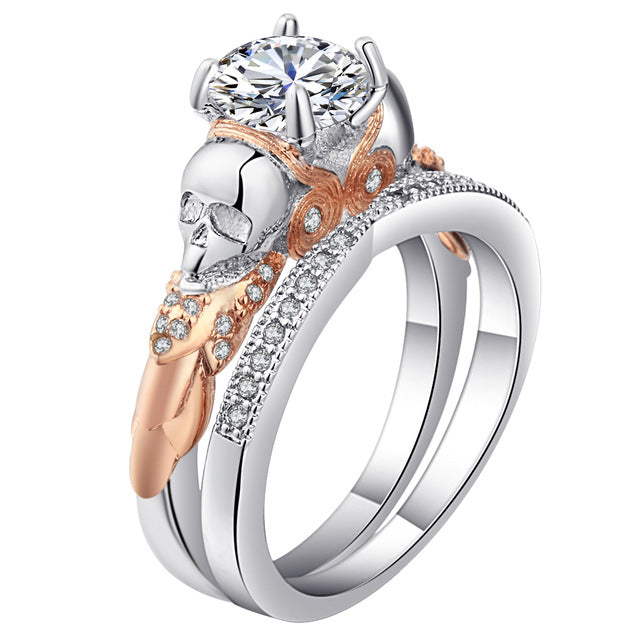 Skull Ring Sets with Rhodium Plated Big Clear CZ Crystal