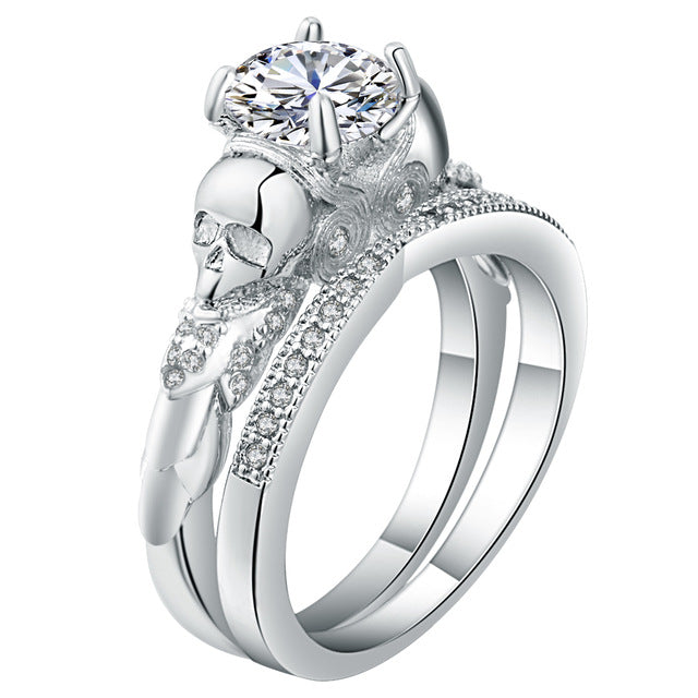 Skull Ring Sets with Rhodium Plated Big Clear CZ Crystal