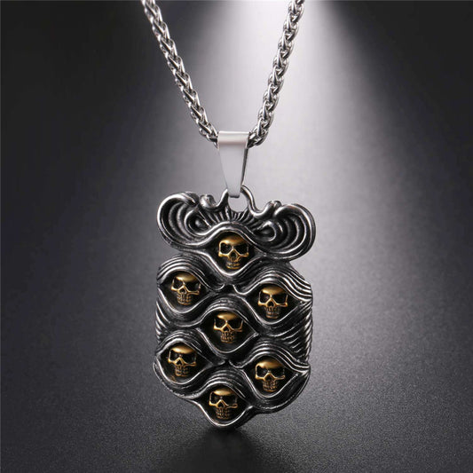 Stainless Steel Cool Punk Seven Skulls Two-color Tag Pendant Necklace