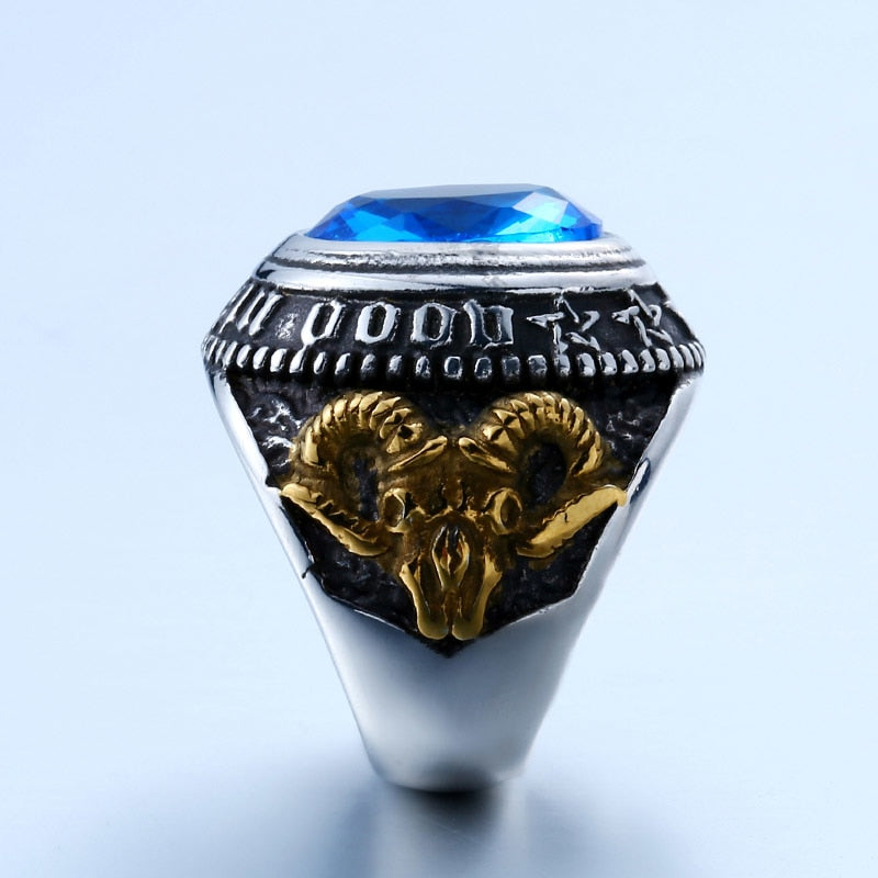 Stainless Steel Blue Stone Antelope Skull Ring