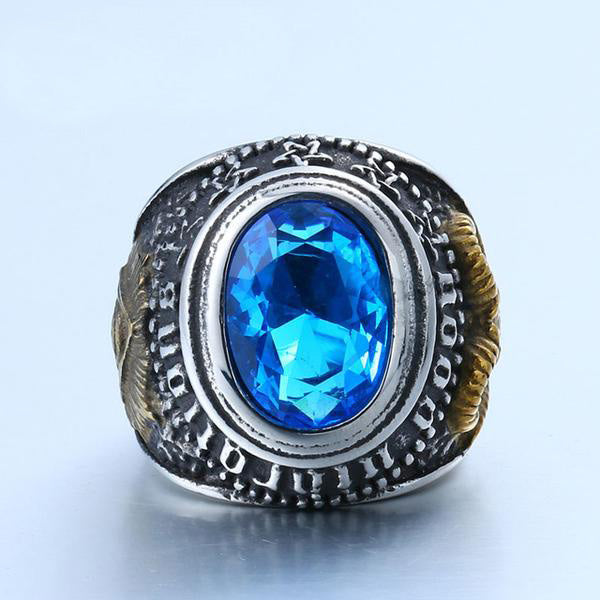 Stainless Steel Blue Stone Antelope Skull Ring