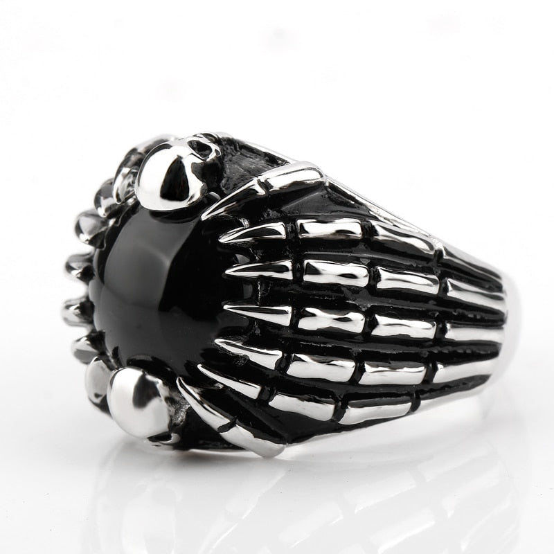 925 Sterling Silver Skull Ring with Black Semi-precious Stone