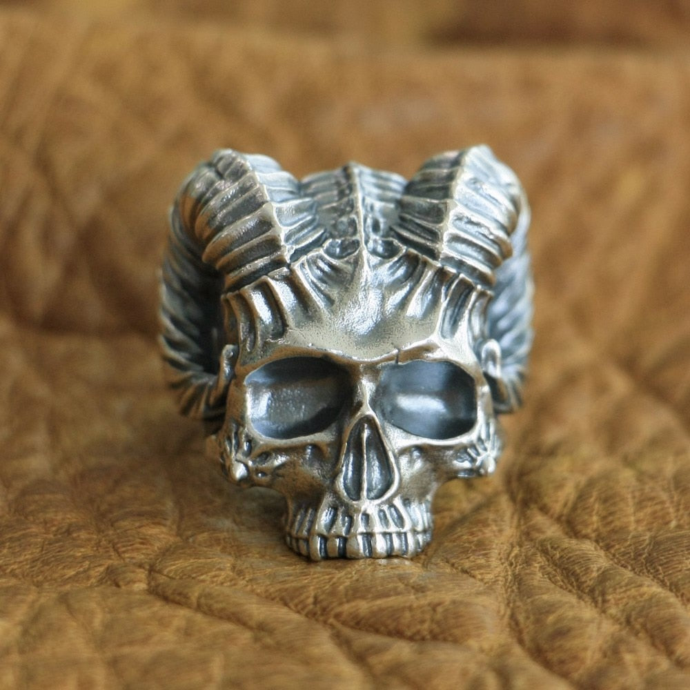 925 Sterling Silver Horned Demon Skull Ring
