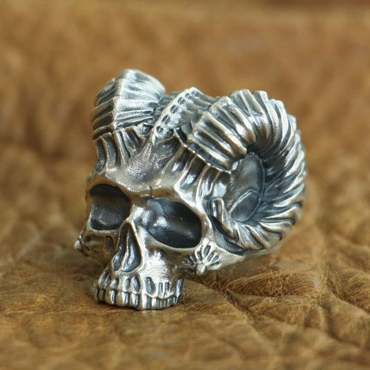 925 Sterling Silver Horned Demon Skull Ring