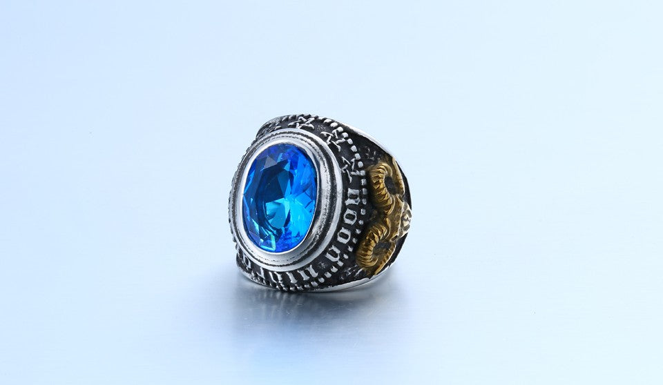 Stainless Steel Blue Stone Antelope Skull Ring