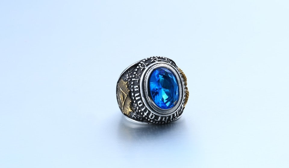 Stainless Steel Blue Stone Antelope Skull Ring
