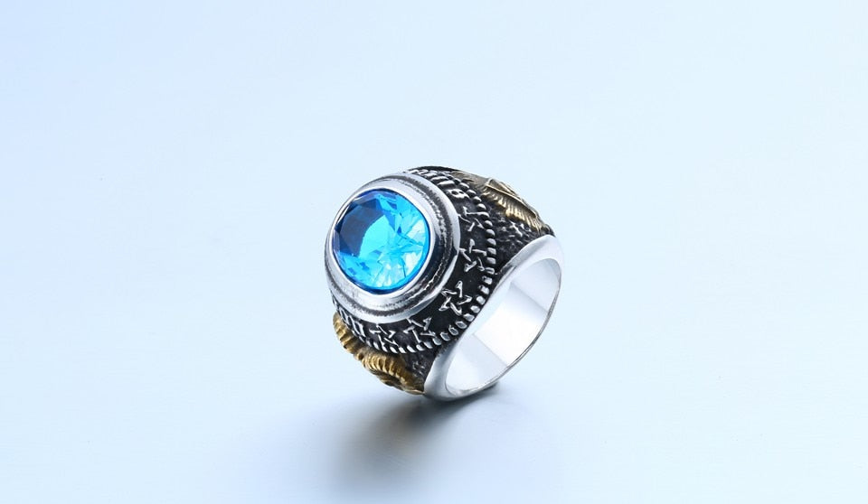 Stainless Steel Blue Stone Antelope Skull Ring