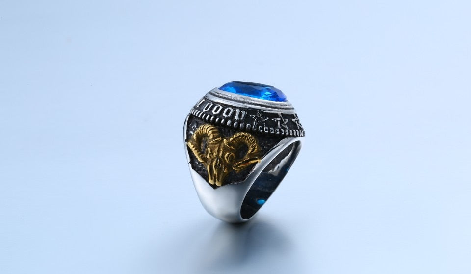 Stainless Steel Blue Stone Antelope Skull Ring
