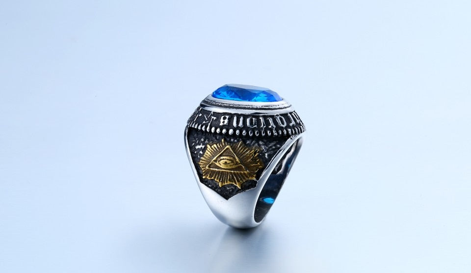 Stainless Steel Blue Stone Antelope Skull Ring