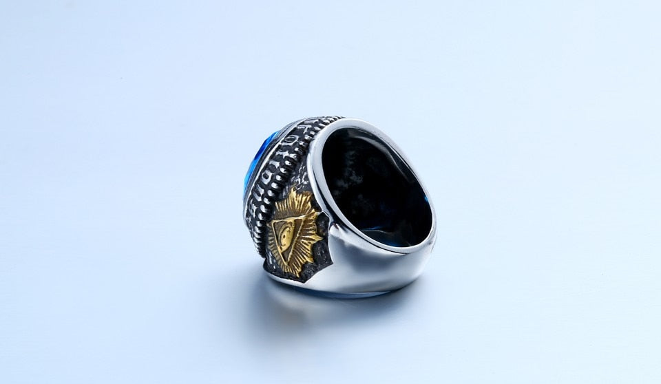 Stainless Steel Blue Stone Antelope Skull Ring