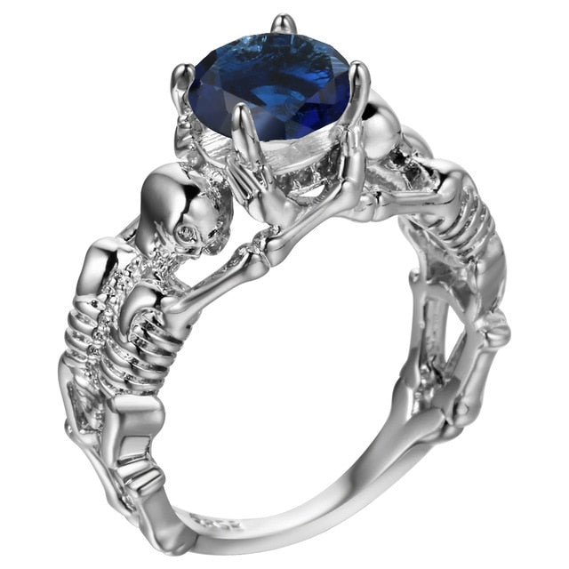 Dark Blue Silver Ghost Evil Skull Skeleton Hand CZ Rings