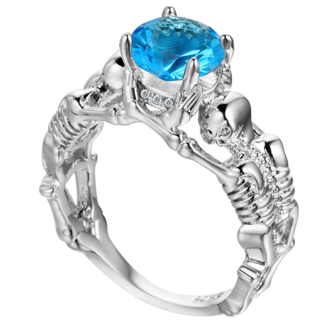 Sky Blue Stone Silver Ghost Evil Skull Skeleton Hand CZ Rings