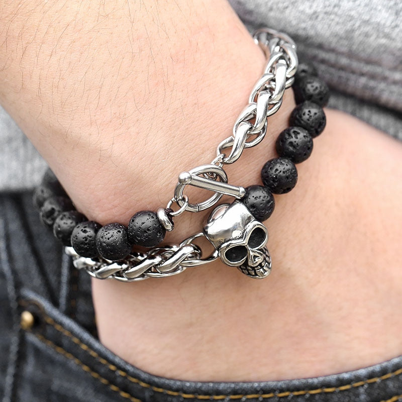 Charm Beaded Stainless Steel Skull Bracelet. Badass bracelet for men. Cool gift for cool man. Badass gift for bikers. Badass jewelry. Badass biker skull jewelry. Badass skulll accessories. Badass gift for badass. Badass skull accessories. Badass skull jewelry. Christmas gift for badass. Christmas gift for bikers. Christmas gifts for tattoo artists.