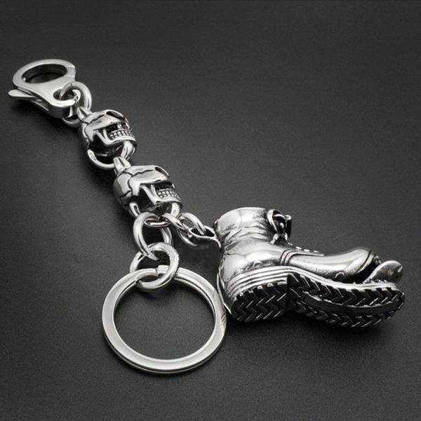 Unique Solid Stainless Steel Biker Skulls and Boot Keychain