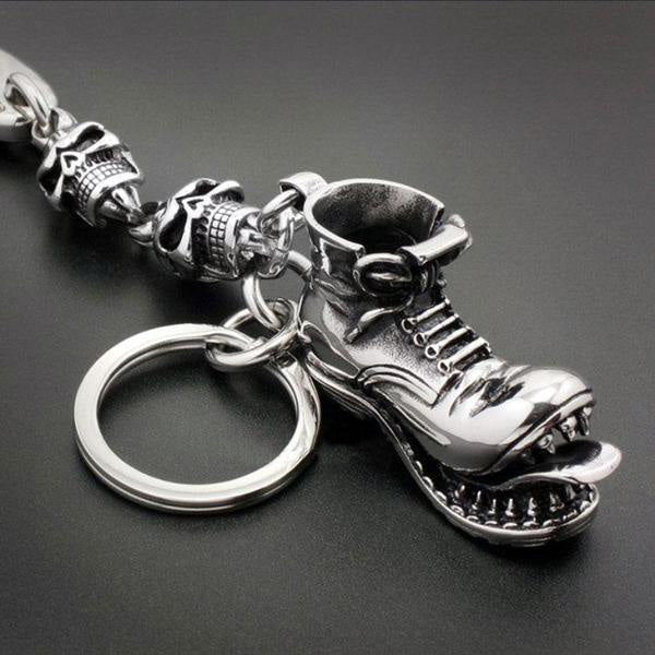 Unique Solid Stainless Steel Biker Skulls and Boot Keychain
