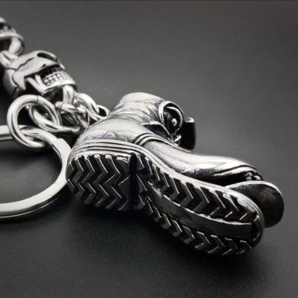 Unique Solid Stainless Steel Biker Skulls and Boot Keychain