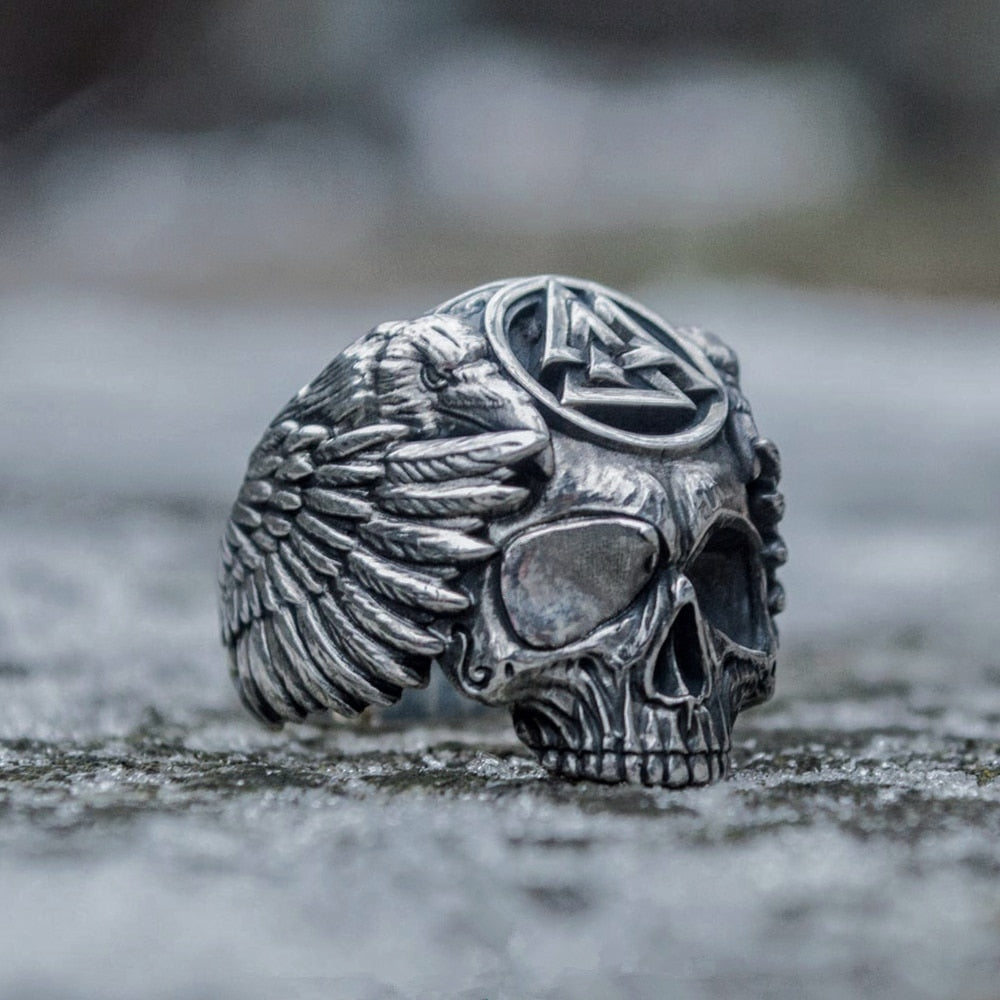Odin with Ravens Stainless Steel Skull Ring