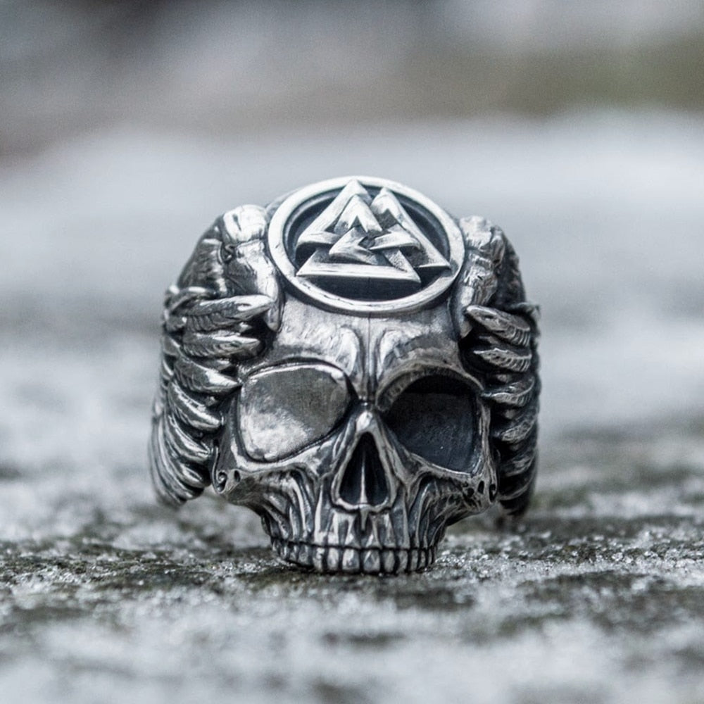 Odin with Ravens Stainless Steel Skull Ring