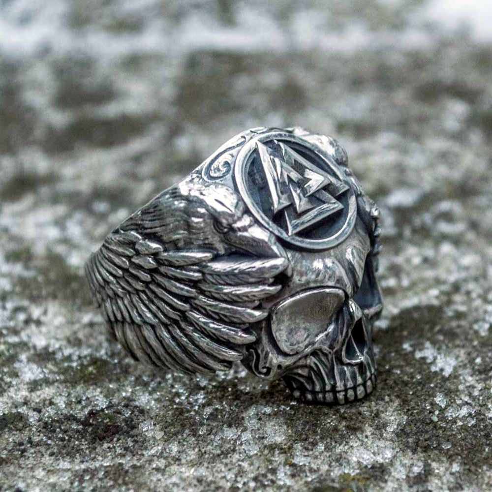 Odin with Ravens Stainless Steel Skull Ring