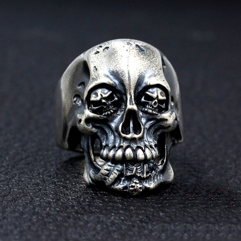 925 Sterling Silver Handmade Domineering Dark Retro Skull Rings, badass biker skull ring, badass skull jewelry, badass skull accessories. Skull Men Ring.