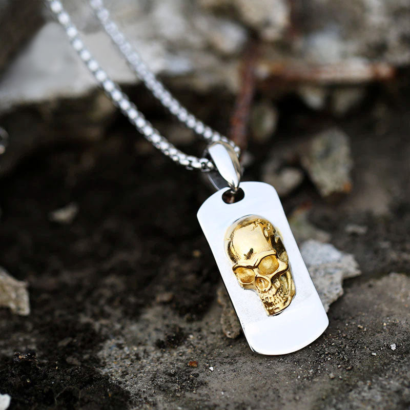 Stainless Steel Silver Gold Skull Dog Tag Necklace