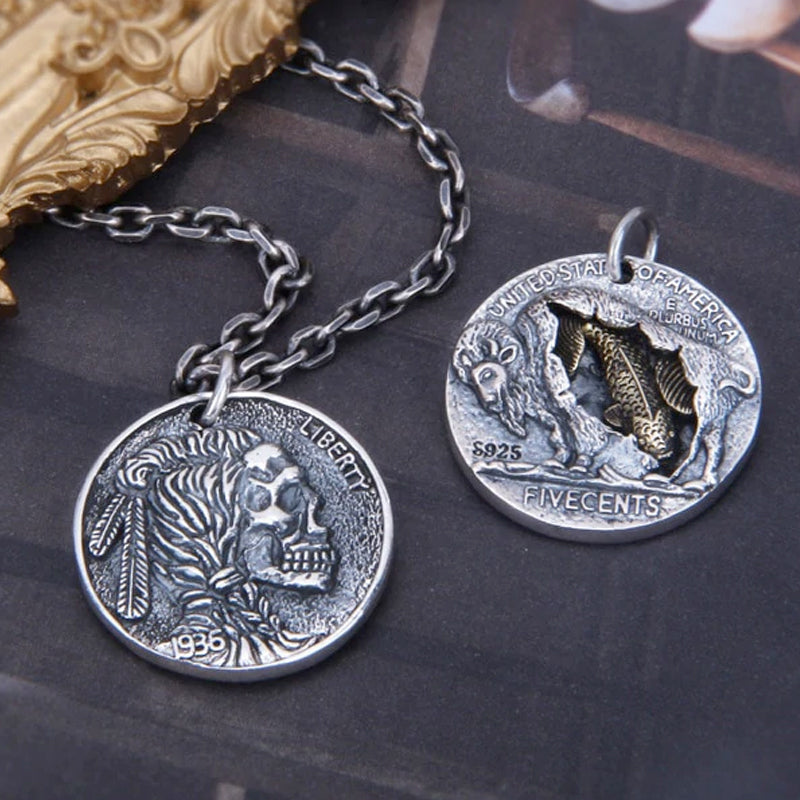 925 Sterling Silver Embossed Koi Skull Pendant