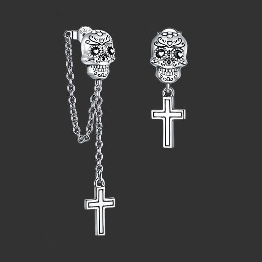 Real Silver Skull Cross Stud Earrings