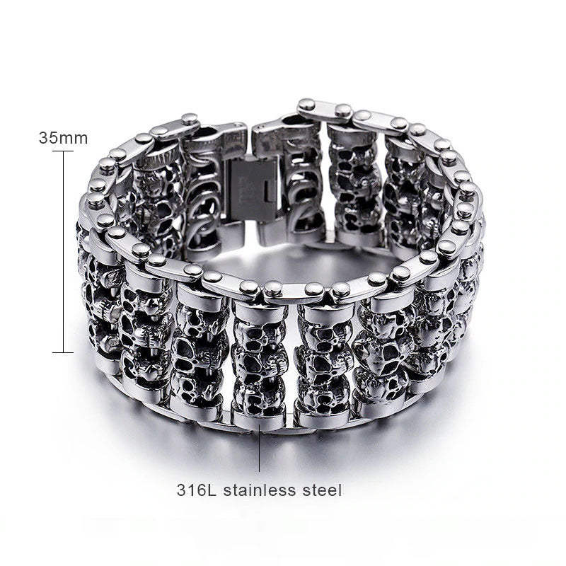 Stainless Steel Huge Heavy Solid Silver Skeleton Skull Bracelet