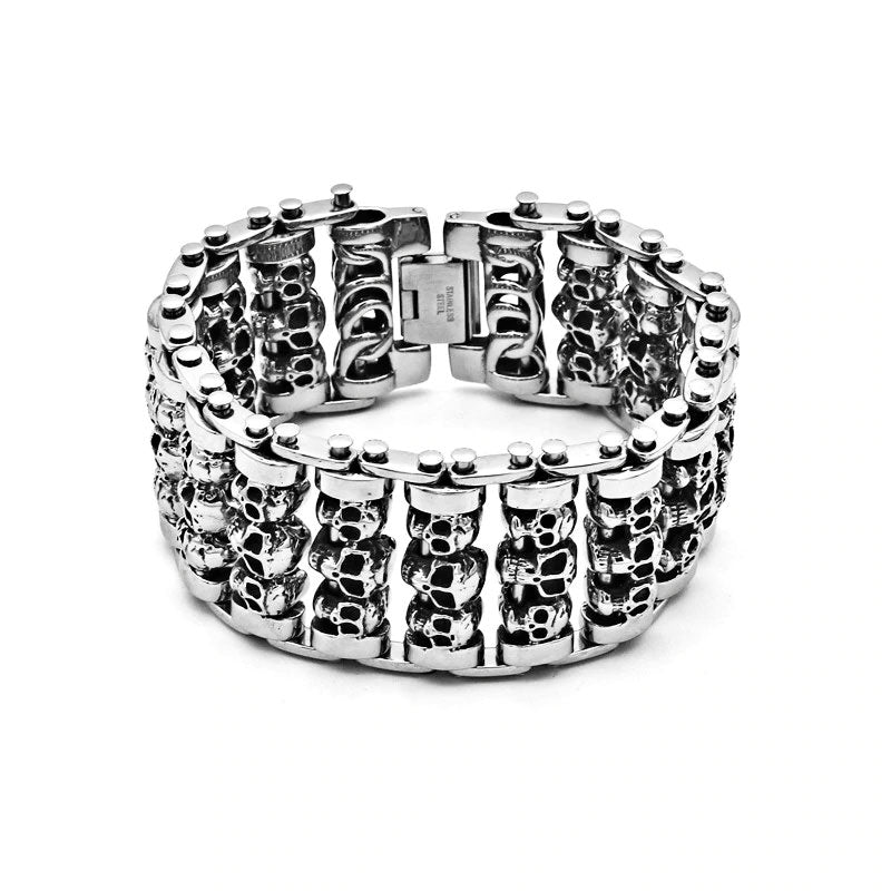 Stainless Steel Huge Heavy Solid Silver Skeleton Skull Bracelet