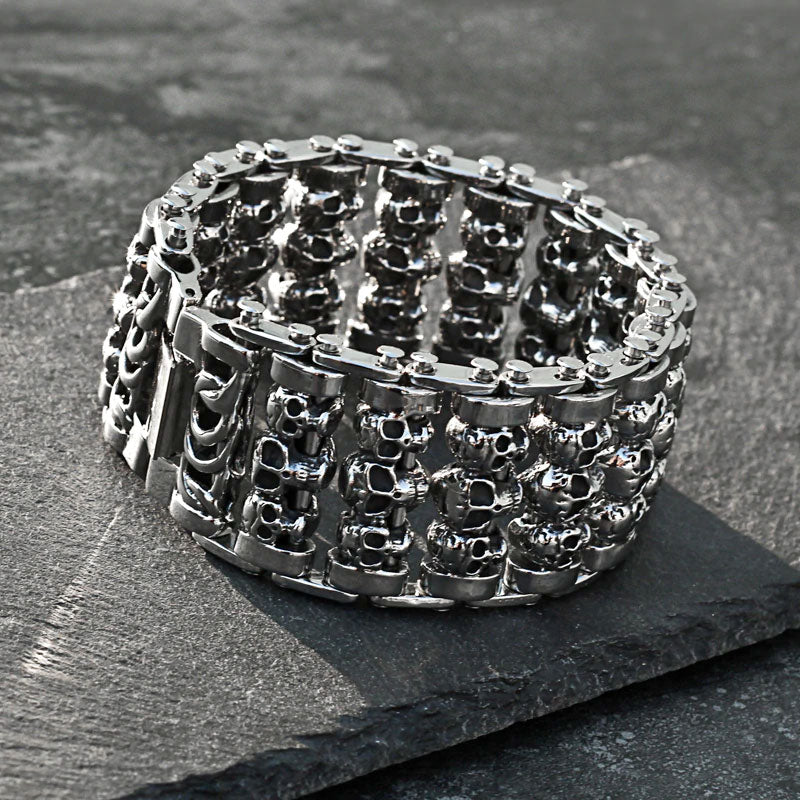 Stainless Steel Huge Heavy Solid Silver Skeleton Skull Bracelet