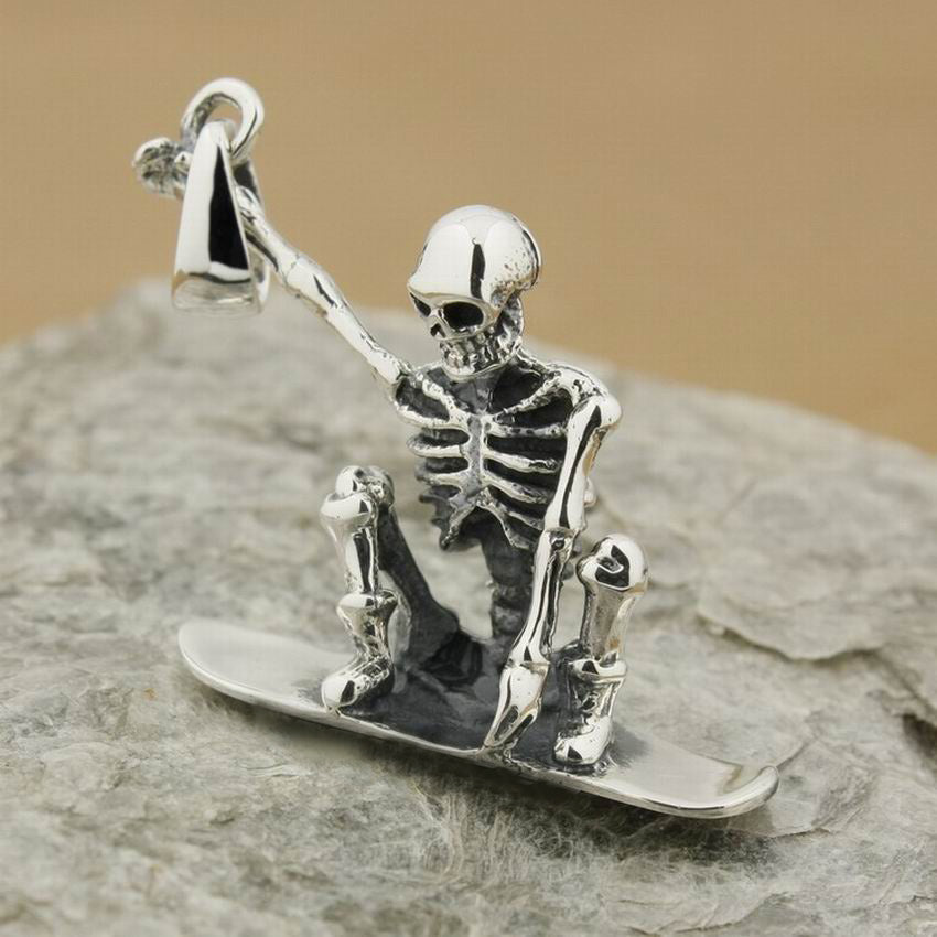 925 Sterling Silver Surfer Skeleton Skull Pendant Necklace. Badass skeleton skull pendant. Badass skeleton skull pendant necklace. Badass surfer skeleton skull pendant necklace. Badass skull accessories