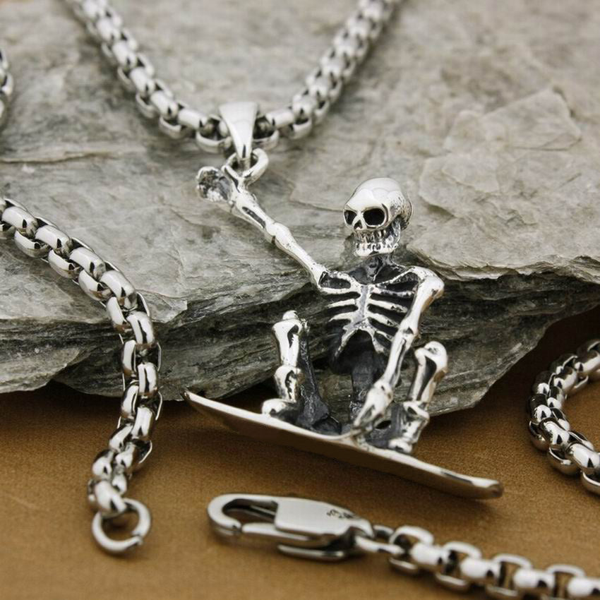 925 Sterling Silver Surfer Skeleton Skull Pendant Necklace. Badass skeleton skull pendant. Badass skeleton skull pendant necklace. Badass surfer skeleton skull pendant necklace. Badass skull accessories
