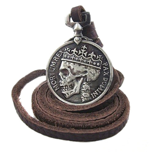 Vintage Charms Skull Pendant with Leather Necklace. Badass Skull jewelry and Badass skull accessories