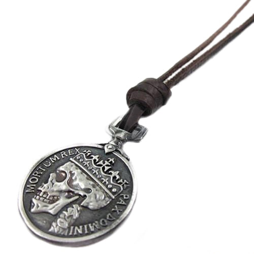 Vintage Charms Skull Pendant with Leather Necklace. Badass Skull jewelry and Badass skull accessories