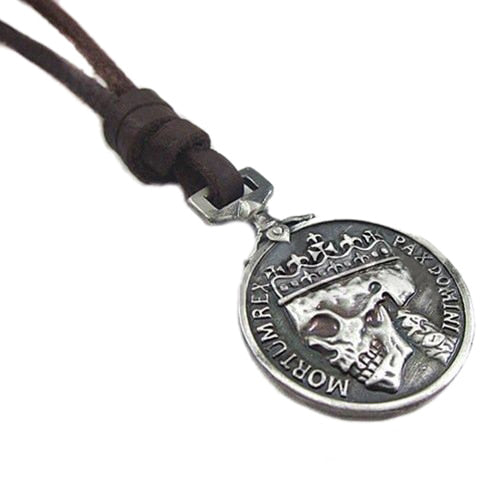 Vintage Charms Skull Pendant with Leather Necklace. Badass Skull jewelry and Badass skull accessories