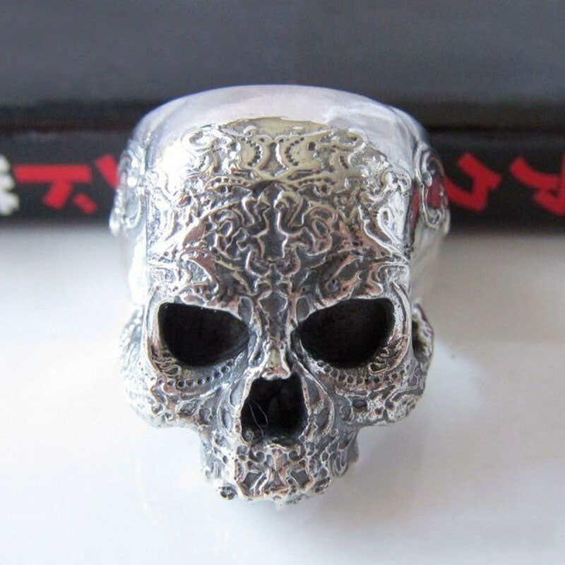 Unisex 925 Sterling Silver Engraved Pattern Skull Ring