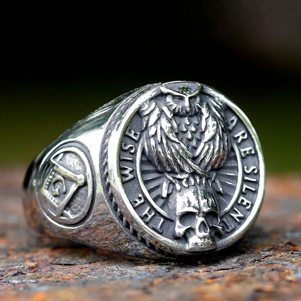 Gothic Viking Raven Skull Ring – Freemasonry Stainless Steel Jewelry for Men and Women. Unique Badass gifts for badass. Unique Badass birthday gifts. Unique Badass Biker Christmas gifts for badasses. Badass skull accessories. Unique Valentine gifts for him. Unique Anniversary gift for him. Unique Anniversary gift for my badass husband. Unique Badass Birthday gift for my badass boyfriend. Badass Birthday gift for my badass husband. Badass gift for bikers.