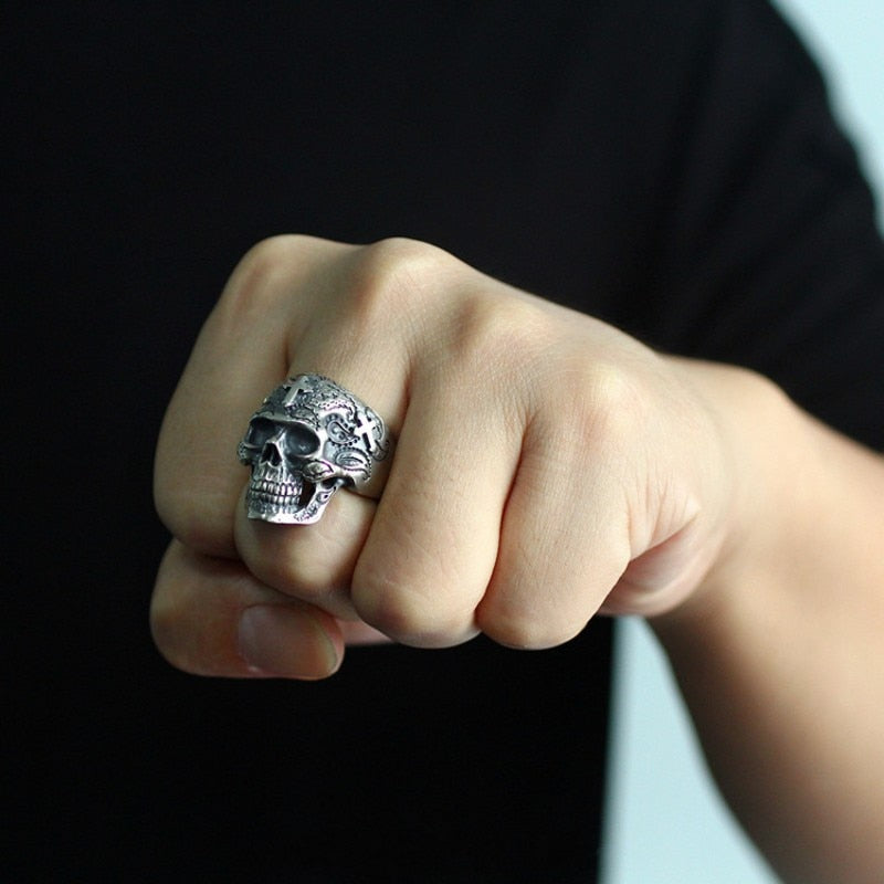 Domineering Skull Cross Ghost Head 925 Silver Handmade Ring. Badass skull rings. Skull rings for men and women. Badass skull jewelry. Badass biker jewelry. badass skull accessories.