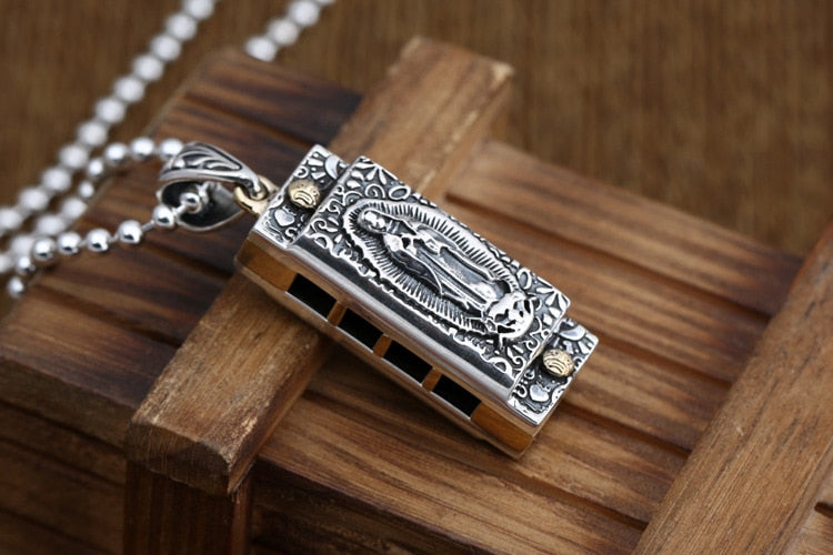 Retro Virgin Maria Portrait Harmonica Skull Pendant for Men. Badass skull pendant. Skull pendant for men. Badass skull jewelry. Badass biker jewelry. badass skull accessories.