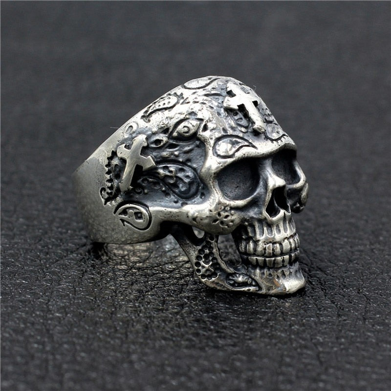 Domineering Skull Cross Ghost Head 925 Silver Handmade Ring. Badass skull rings. Skull rings for men and women. Badass skull jewelry. Badass biker jewelry. badass skull accessories.