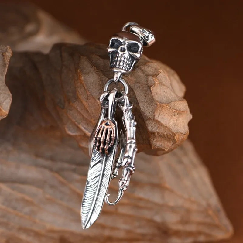 Retro Hip Hop Skull Feather Bone Claw Pendant – 925 Sterling Silver Necklace for Men. Skull earrings for her. Badass gifts for her. Badass gothic birthday gifts. Unique Badass Christmas gifts for badasses. Badass biker skull earrings. Badass Biker skull jewelry. Badass skull jewelry. Badass skull accessories. Unique Valentine gifts for her. Unique Anniversary gift for her. Unique Anniversary gift for my badass husband. Unique Badass Birthday gift for my badass girlfriend. Badass Birthday gift for my badass 
