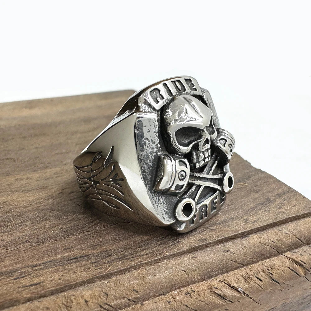 Ride Free Wrench Skull Ring – 316L Stainless Steel Biker Ring for Men and Women. Badass birthday gifts. Badass Christmas gifts for badasses. Badass skull accessories. Unique Valentine gifts for him and her. Anniversary gift for him and her. Unique Anniversary gift for my badass husband and wife. Unique Badass Birthday gift for my badass boyfriend and girlfriend. Unique Badass Birthday gift for my badass husband and wife. Coolest gift for dad. Special gift for father's day.