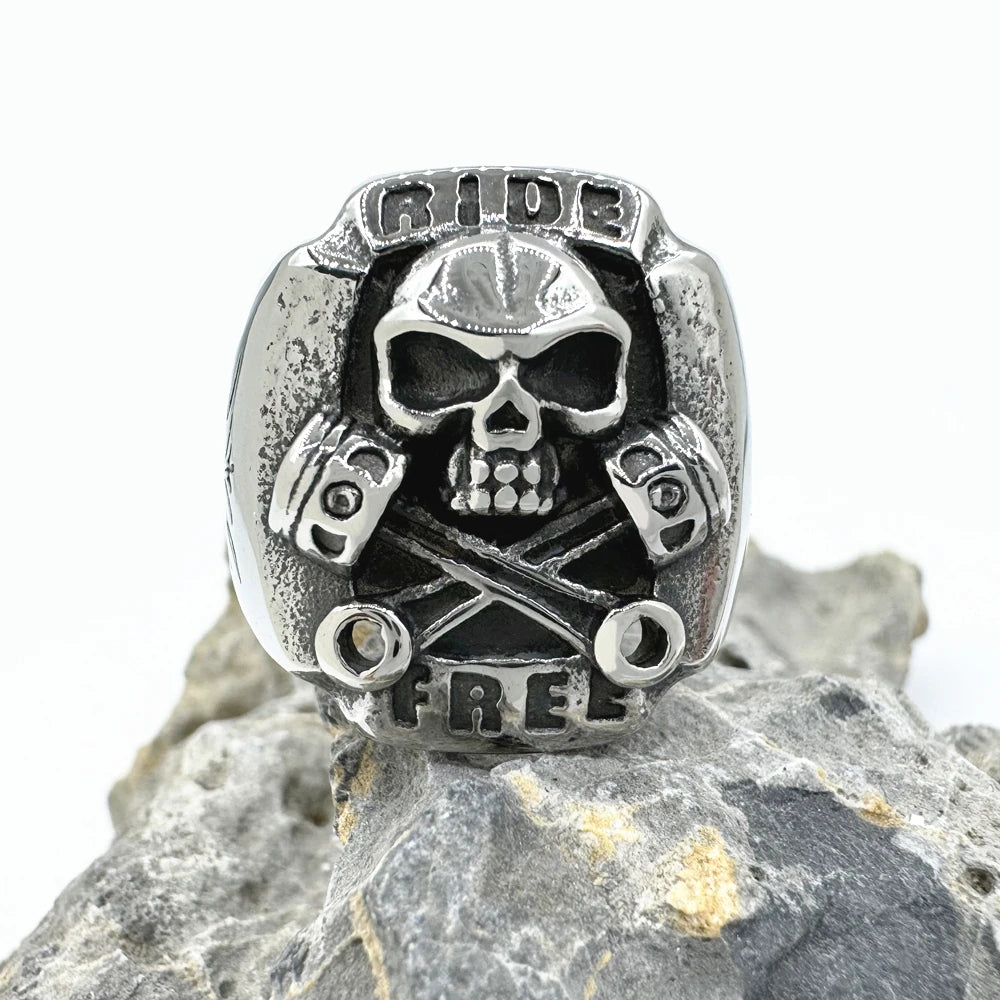 Ride Free Wrench Skull Ring – 316L Stainless Steel Biker Ring for Men and Women. Badass birthday gifts. Badass Christmas gifts for badasses. Badass skull accessories. Unique Valentine gifts for him and her. Anniversary gift for him and her. Unique Anniversary gift for my badass husband and wife. Unique Badass Birthday gift for my badass boyfriend and girlfriend. Unique Badass Birthday gift for my badass husband and wife. Coolest gift for dad. Special gift for father's day.