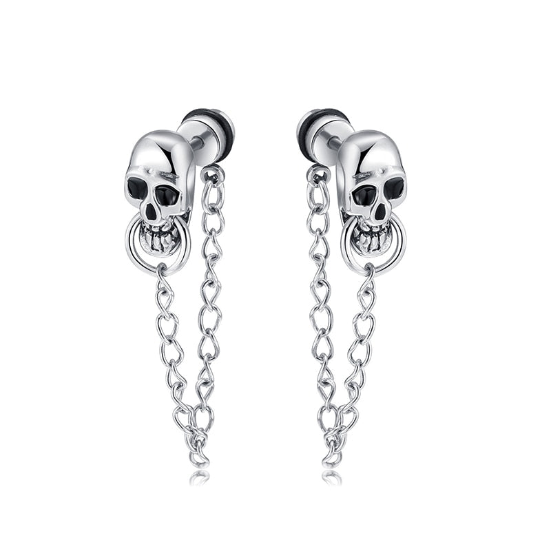 Retro Punk Skull Chain Men Stud Earrings - Gothic Hiphop Stainless Steel Jewelry. Badass skull earrings for men. Badass skull earrings. badass skull jewelry. badass skull accessories.