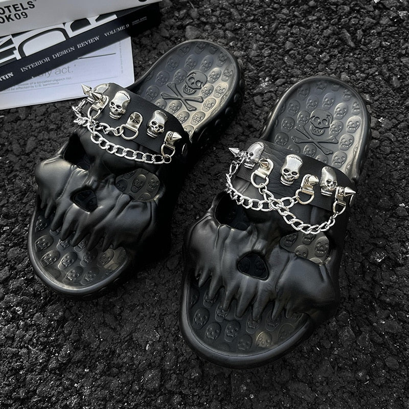 Special Edition Skull Slides Decorated with Chain and Skulls. Limited Edition.